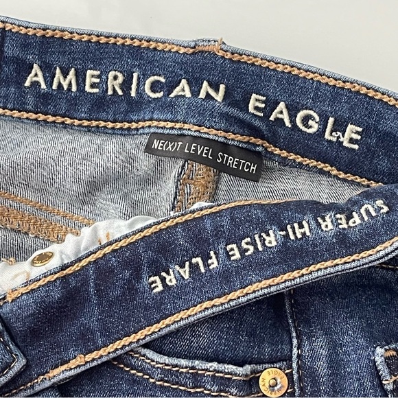 American Eagle Super Hi Rise Flare Jeans 0 SHORT Split Hem Stretch Denim Boho - Picture 8 of 9